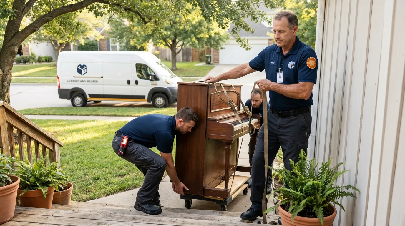 Licensed piano movers securing grand piano in Cedarville, AR