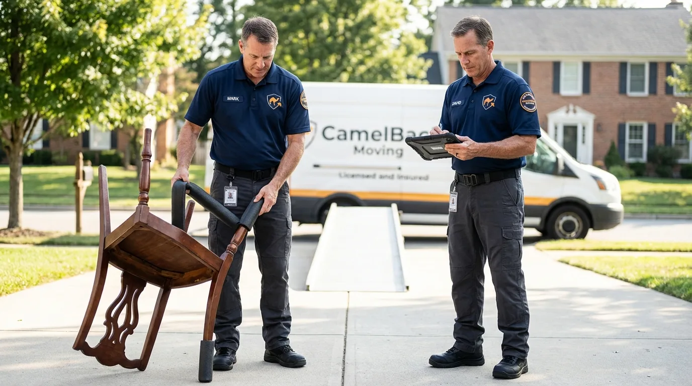 Movers inspecting furniture for damage prevention before loading in Cedarville, AR