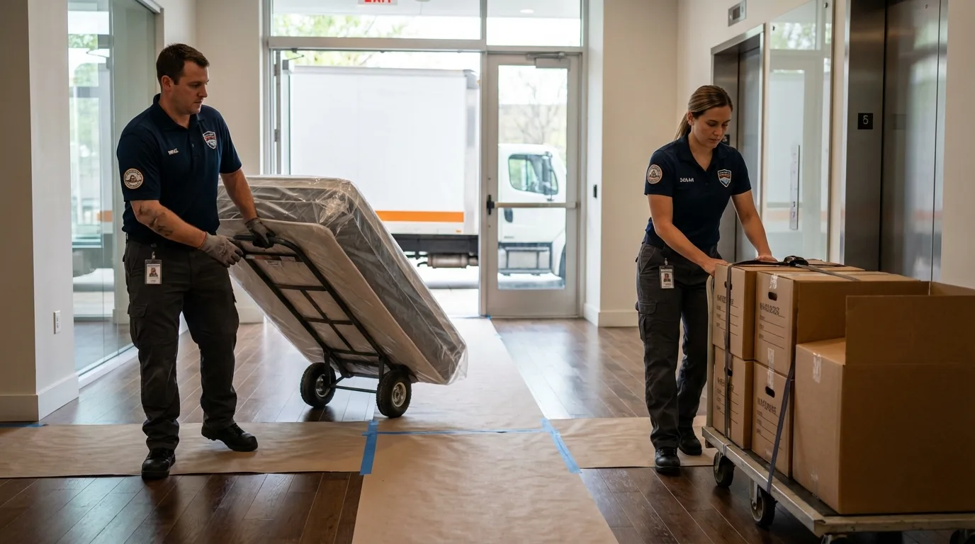 Professional apartment movers loading elevator in Cedarville, AR