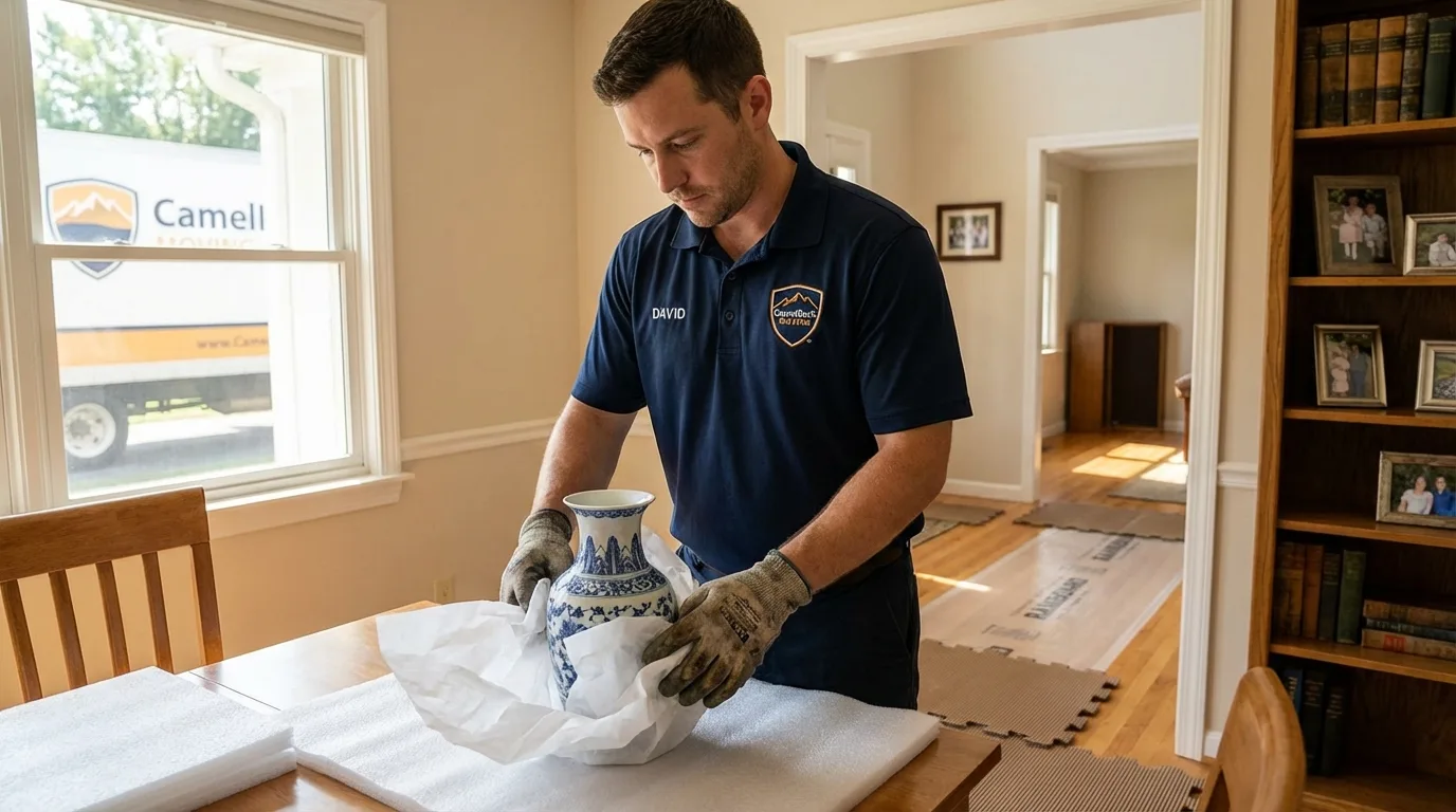 Professional crew carefully wrapping antique vase for senior downsizing move in Cedarville, AR